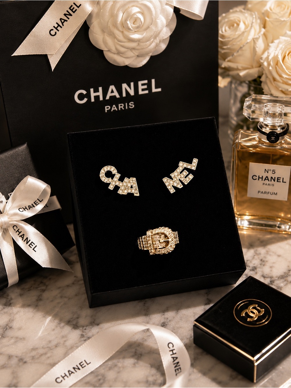 Gold-Tone Crystal Logo Earrings and Ring Set